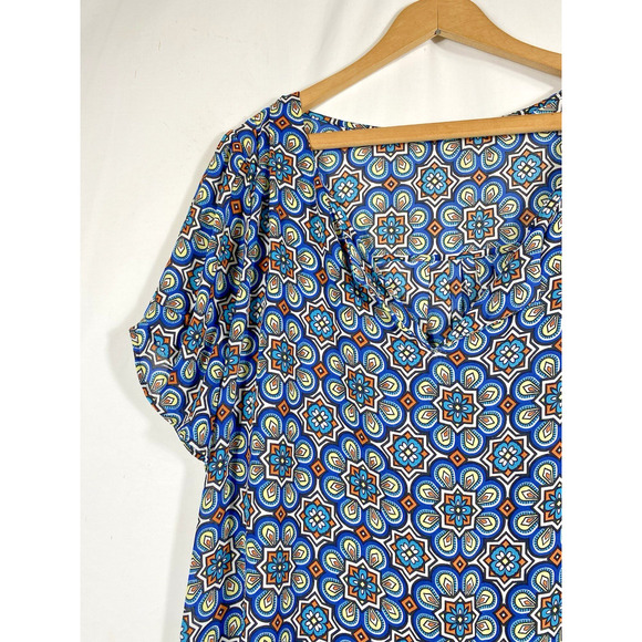 Daniel Rainn Sz 2X Tunic Blouse Top Blue Geometric V Neck Peasant Boho Festival - Picture 6 of 11
